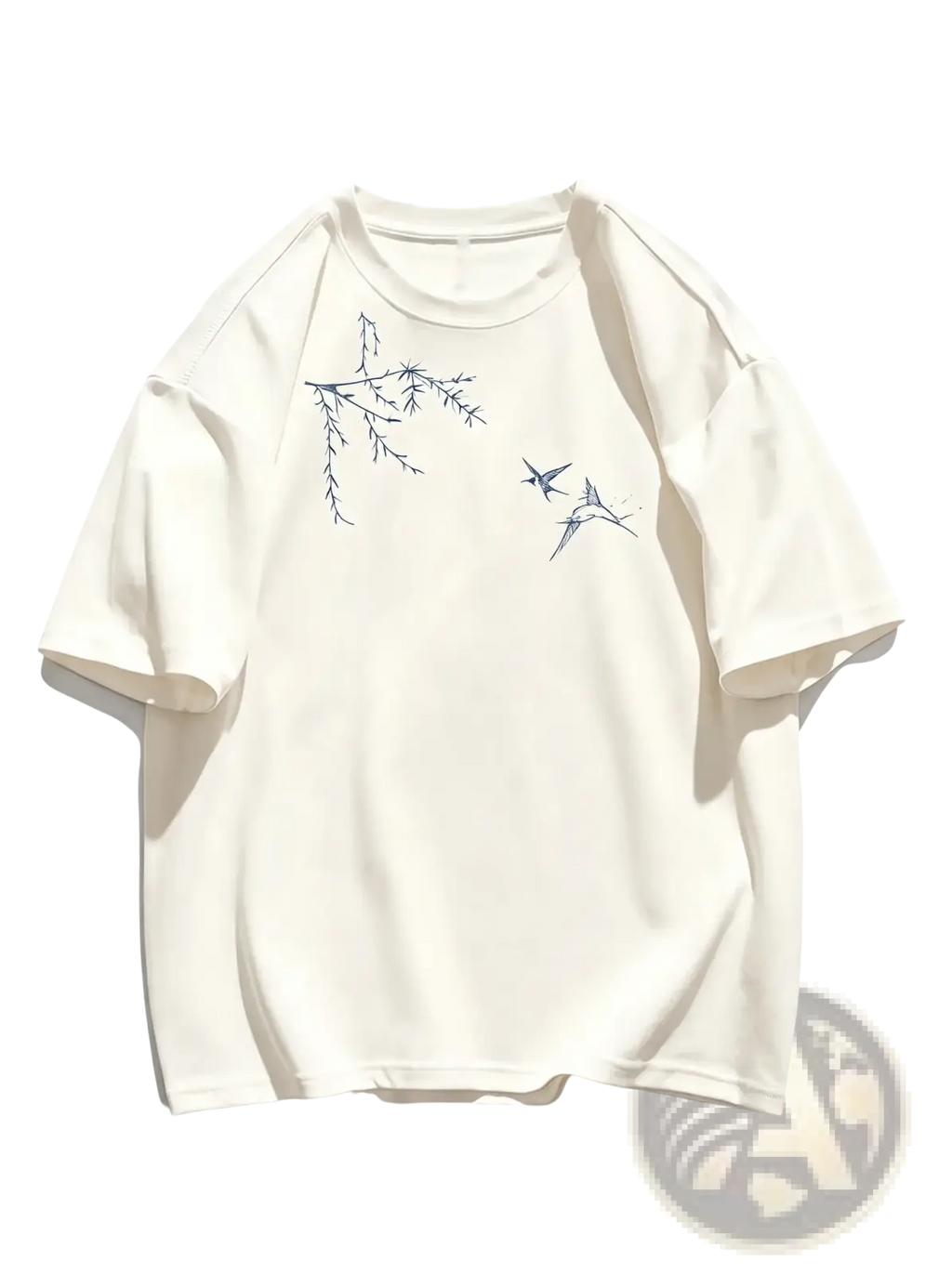Off-white daxzw house embroidered bird cotton oversized t-shirt with delicate navy blue branches and birds design