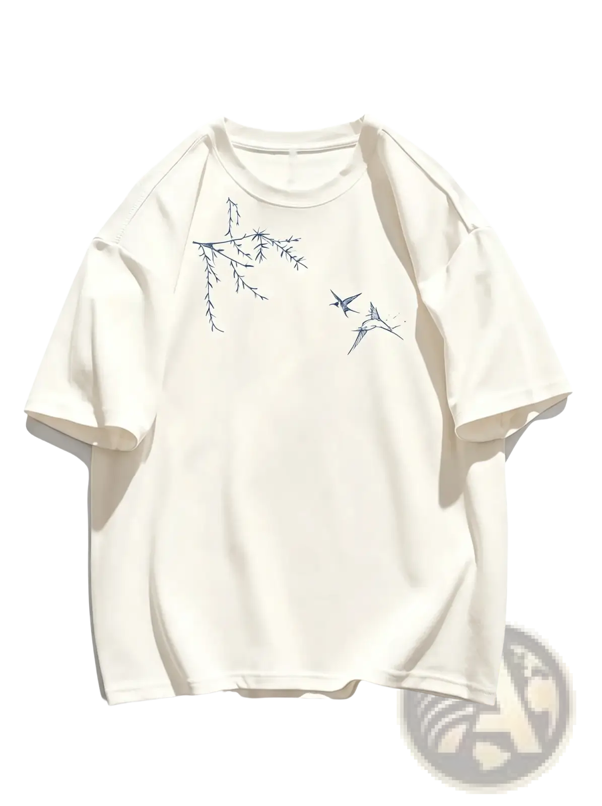 Off-white daxzw house embroidered bird cotton oversized t-shirt with delicate navy blue branches and birds design