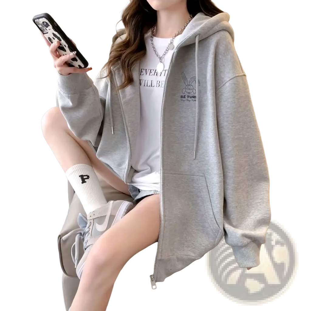 Gray embroidered bunny zip up hoodie with matching drawstrings and small chest design perfect for casual wear
