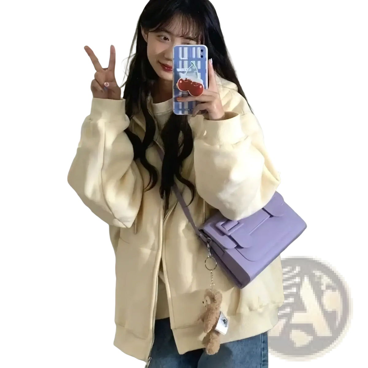 Lavender structured crossbody bag with front flap and teddy bear charm shown with embroidered bunny zip up hoodie