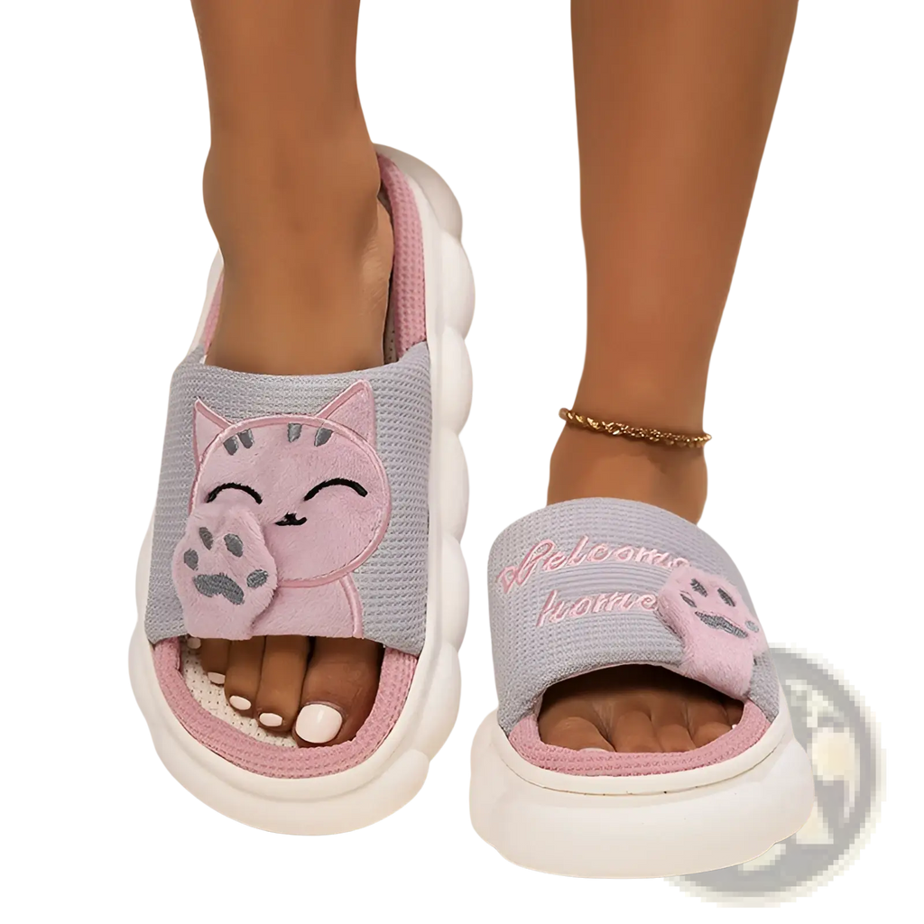 Embroidered cat cartoon unisex anti slip slide slippers in light gray and pink with plush paw print design