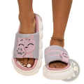 Embroidered cat cartoon unisex anti slip slide slippers in light gray and pink with plush paw print design