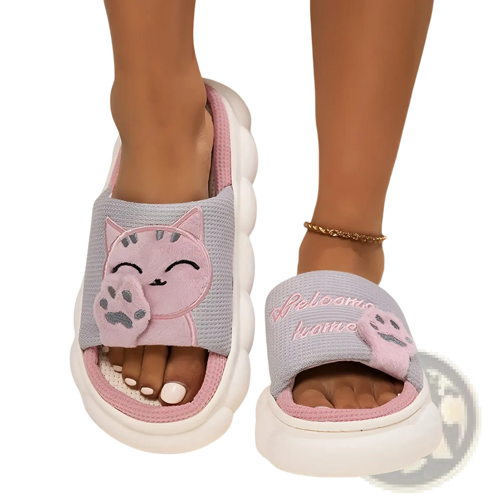 Embroidered cat cartoon unisex anti slip slide slippers in light gray and pink with plush paw print design