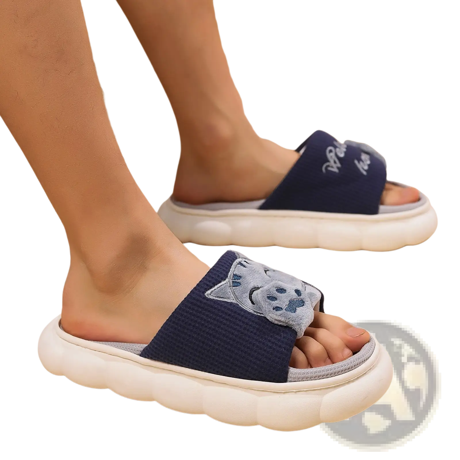Navy blue embroidered cat cartoon unisex slip-on sandals with white cushioned anti-slip soles