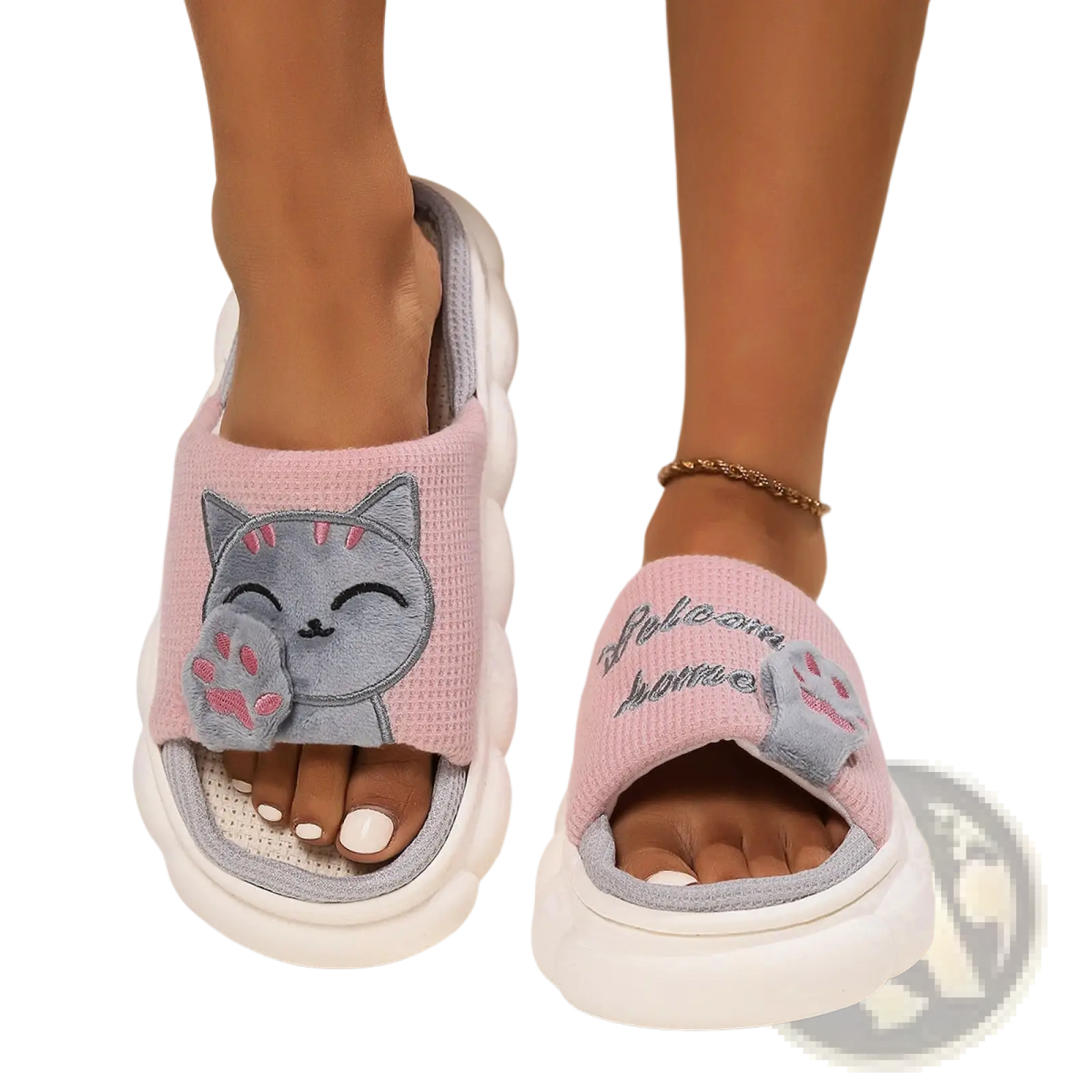 Pink and gray cat-themed embroidered cartoon unisex anti slip slide sandals with chunky white sole
