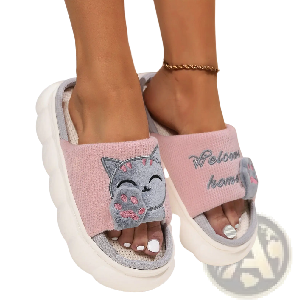 Pink and gray embroidered cat cartoon unisex anti slip slide slippers with plush textured upper and white chunky soles