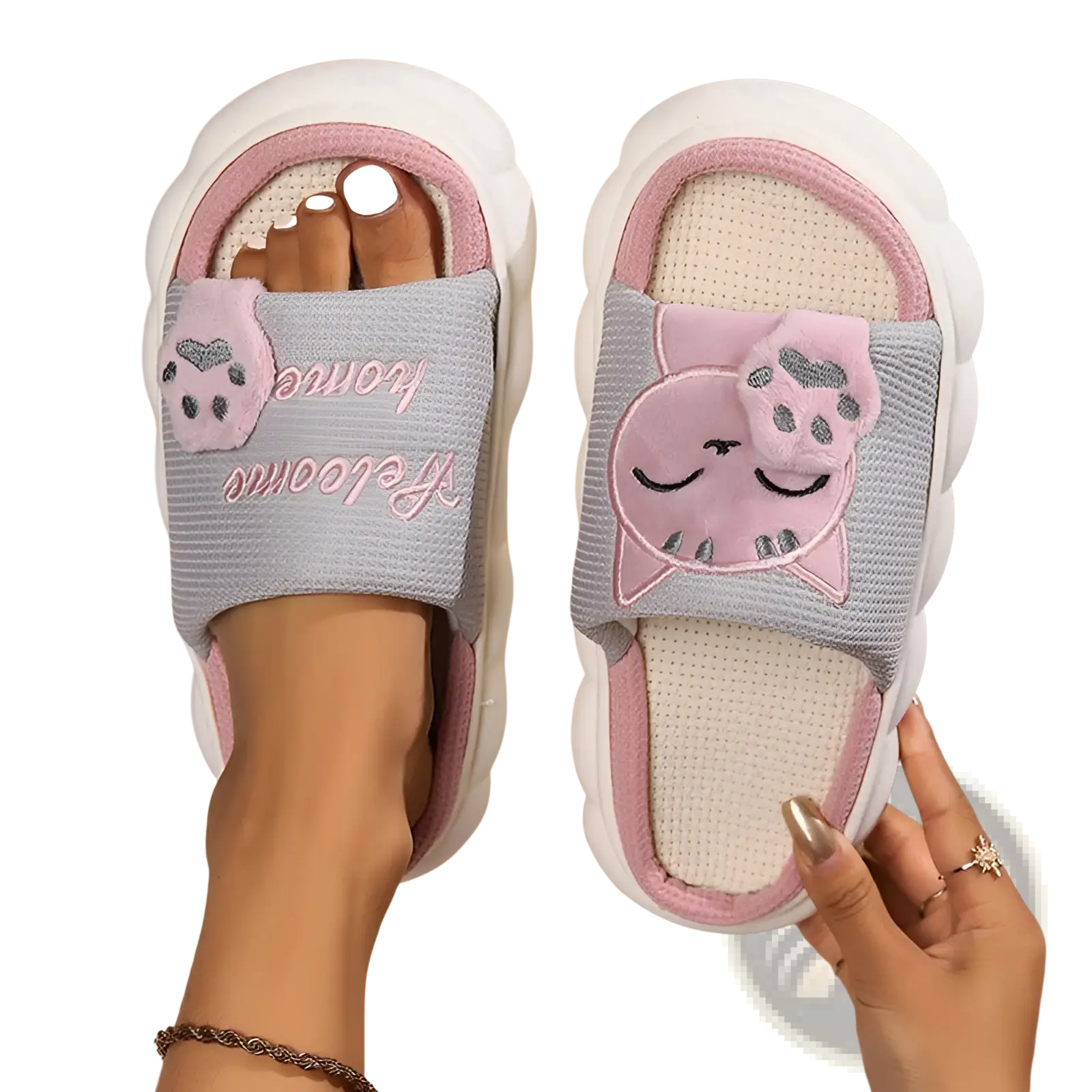 Embroidered cat cartoon unisex anti slip slide slippers in pink and gray with a fluffy white sole