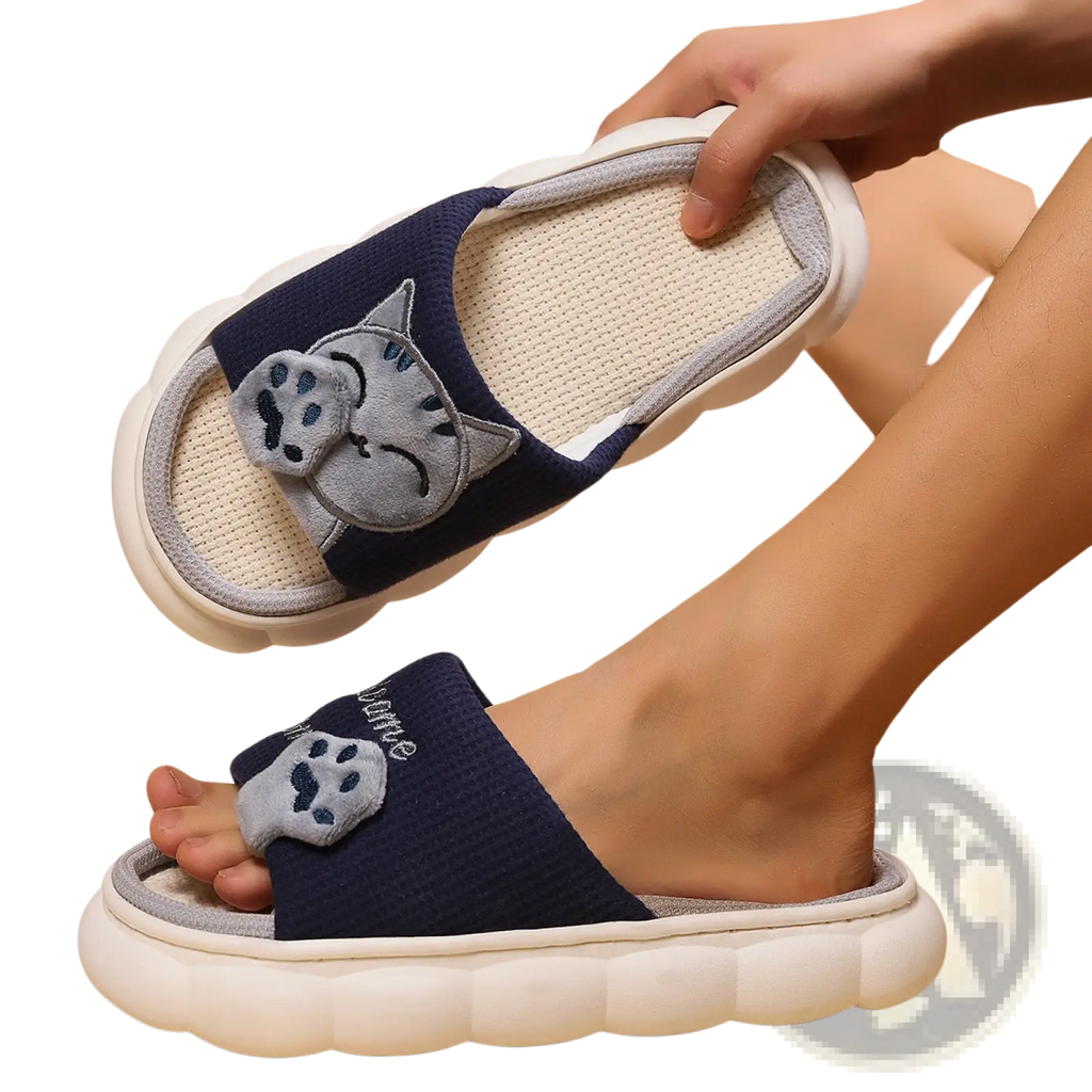 Navy blue embroidered cat cartoon unisex anti slip slide sandals with white textured sole and gray paw print detail