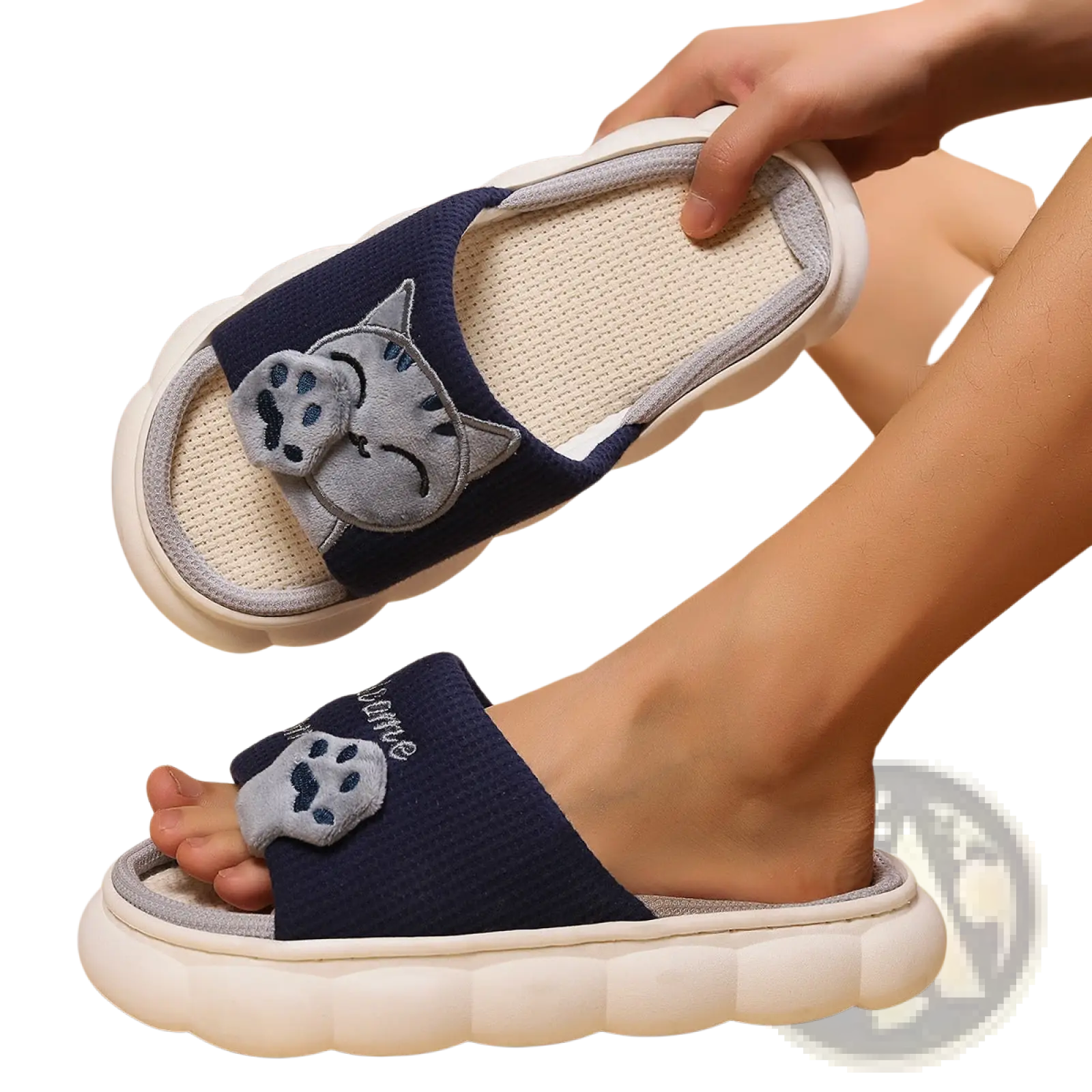 Navy blue embroidered cat cartoon unisex anti slip slide sandals with white textured sole and gray paw print detail