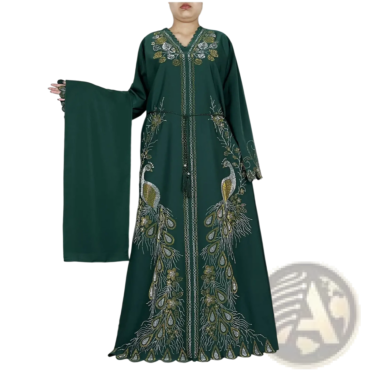 Deep green chiffon embroidered abaya with intricate peacock gold and silver threadwork on front sleeves and hem