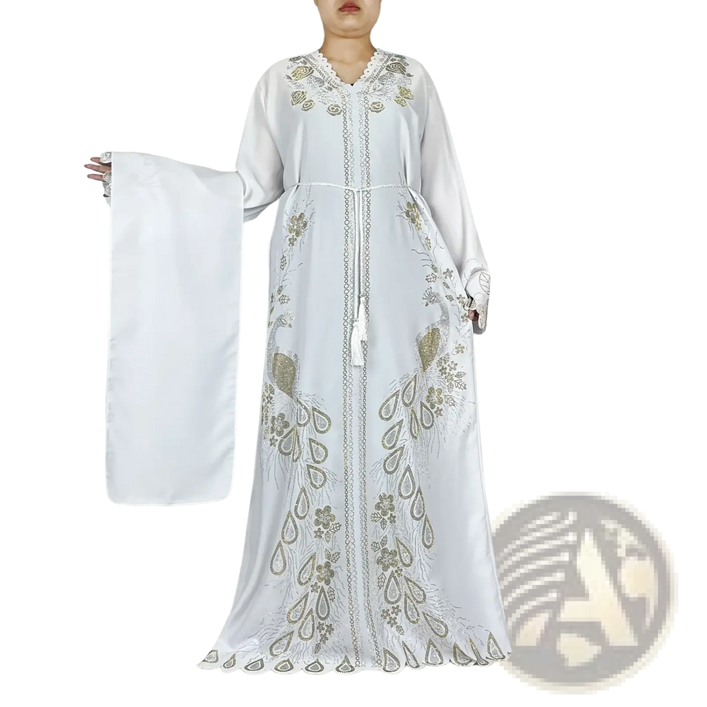 White embroidered chiffon abaya maxi dress with gold and silver peacock thread detailing along the front