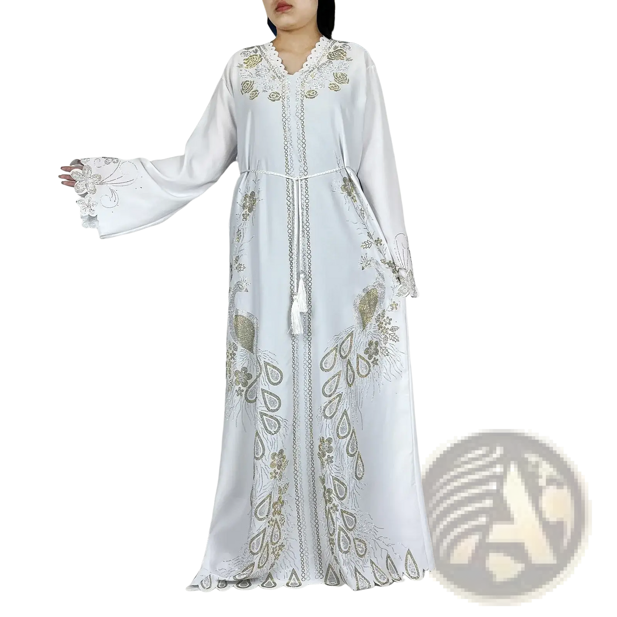 White chiffon embroidered abaya maxi dress with gold and silver peacock embroidery lace details and matching belt