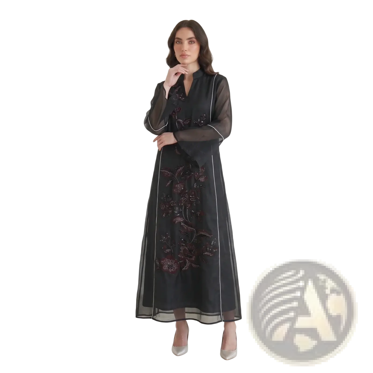 Elegant black sheer embroidered Chinese style peony abaya kaftan with burgundy and silver floral details and long sleeves
