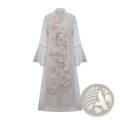 Embroidered Chinese style peony abaya kaftan in light gray sheer fabric with pink and silver floral embroidery