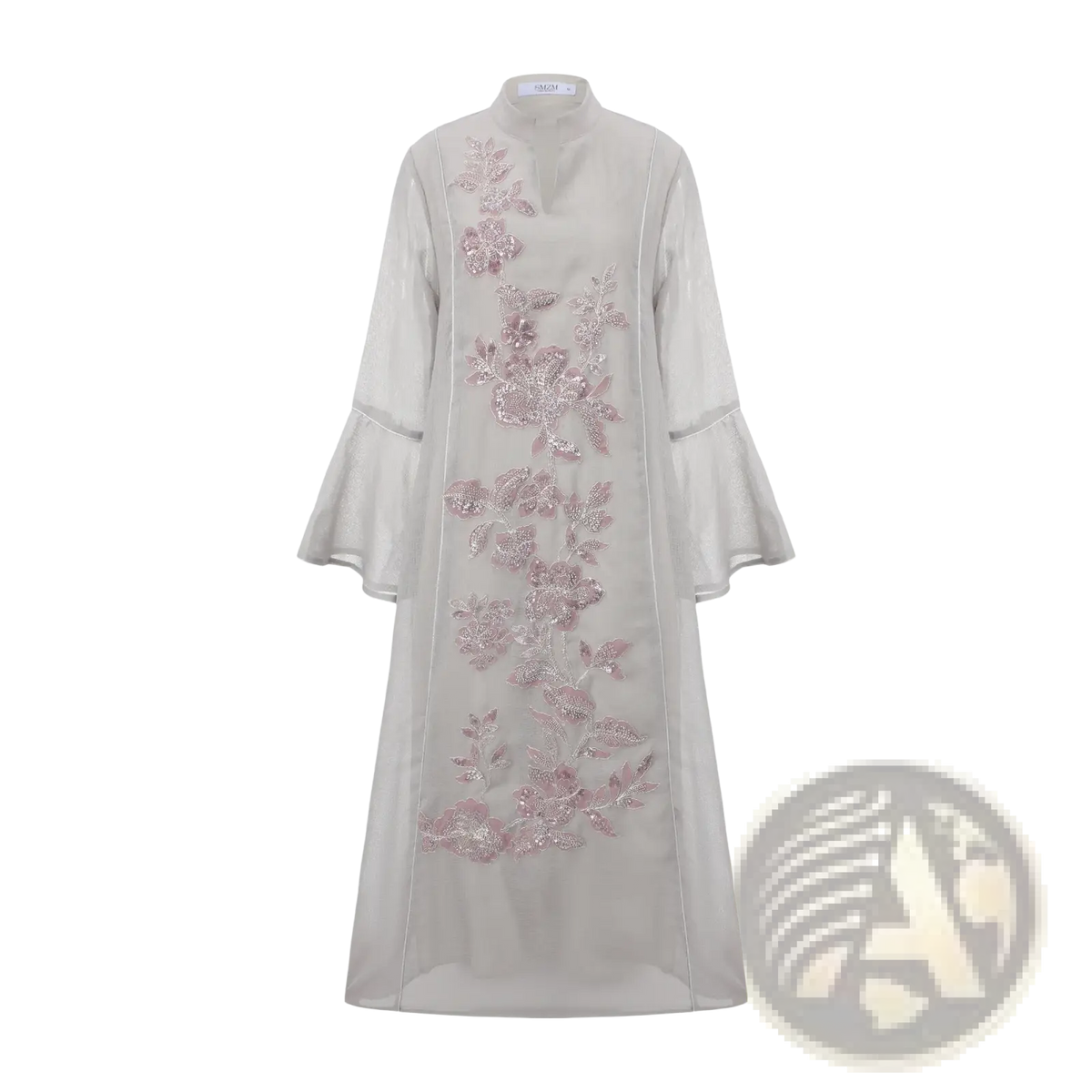 Embroidered Chinese style peony abaya kaftan in light gray sheer fabric with pink and silver floral embroidery
