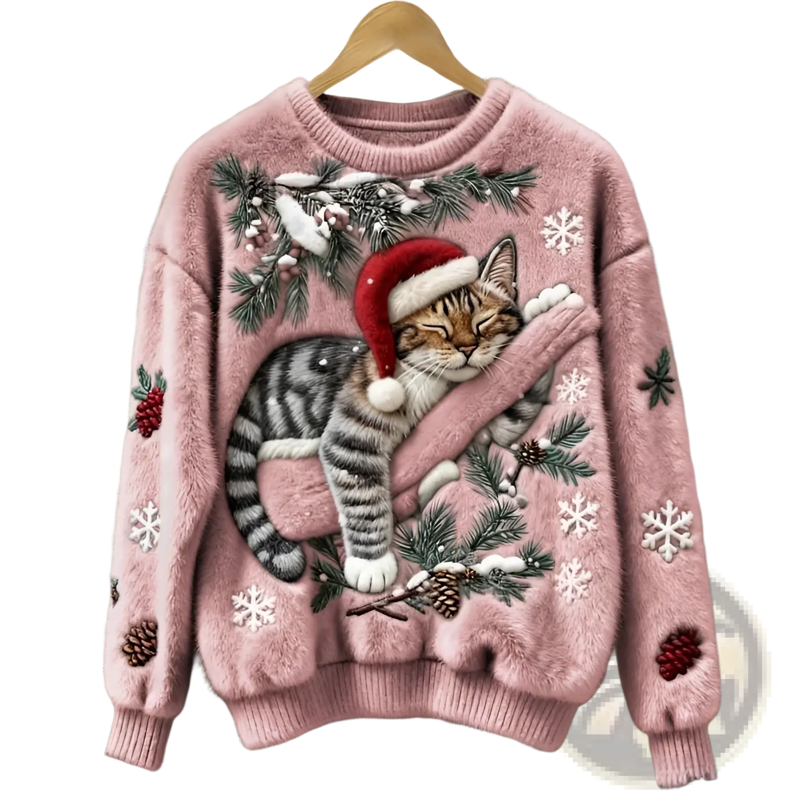 A fluffy pink embroidered Christmas cat fuzzy sweater with a tabby cat in a Santa hat surrounded by festive details