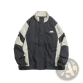 Embroidered color block loose windbreaker jacket in black and beige with subtle chest logo ideal for casual wear
