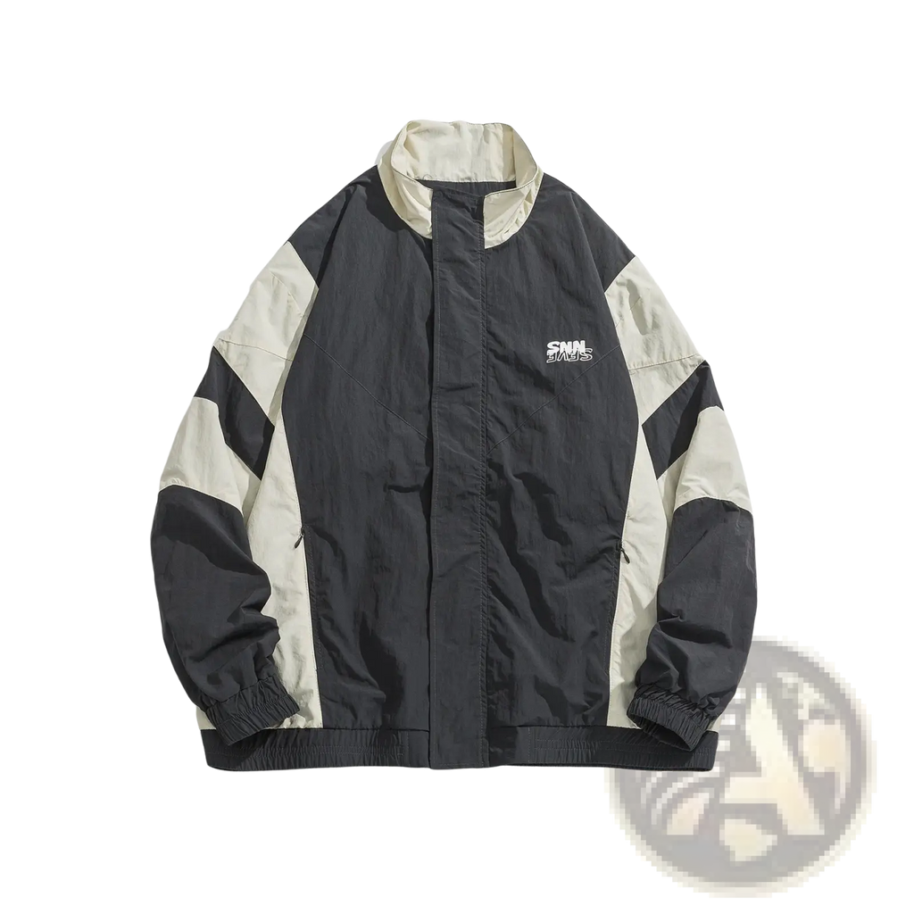 Black and beige color block loose windbreaker jacket with subtle embroidered logo on the chest for casual wear