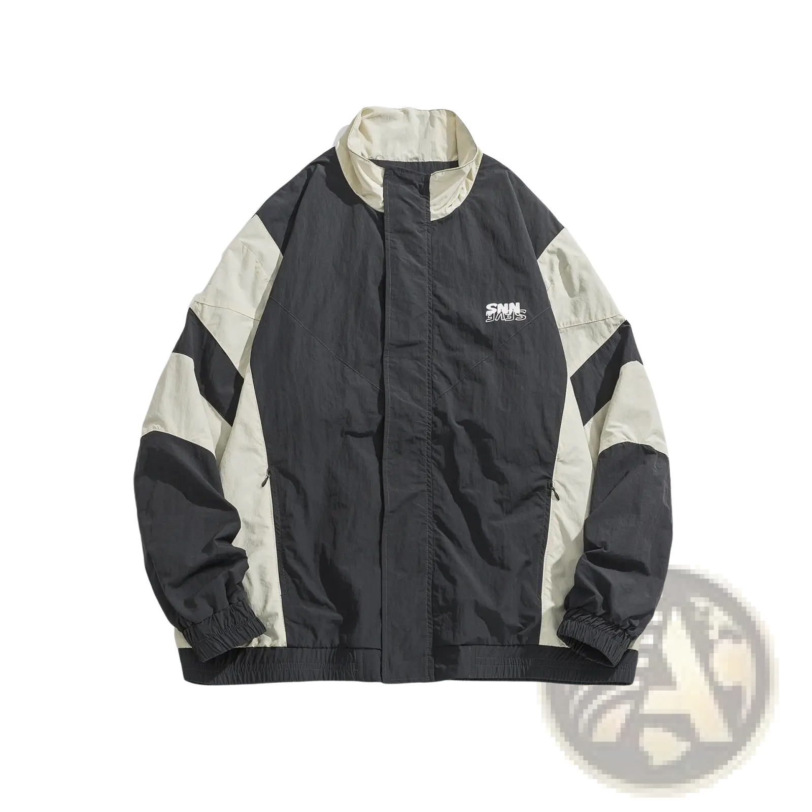 Black and beige color block loose windbreaker jacket with subtle embroidered logo on the chest for casual wear