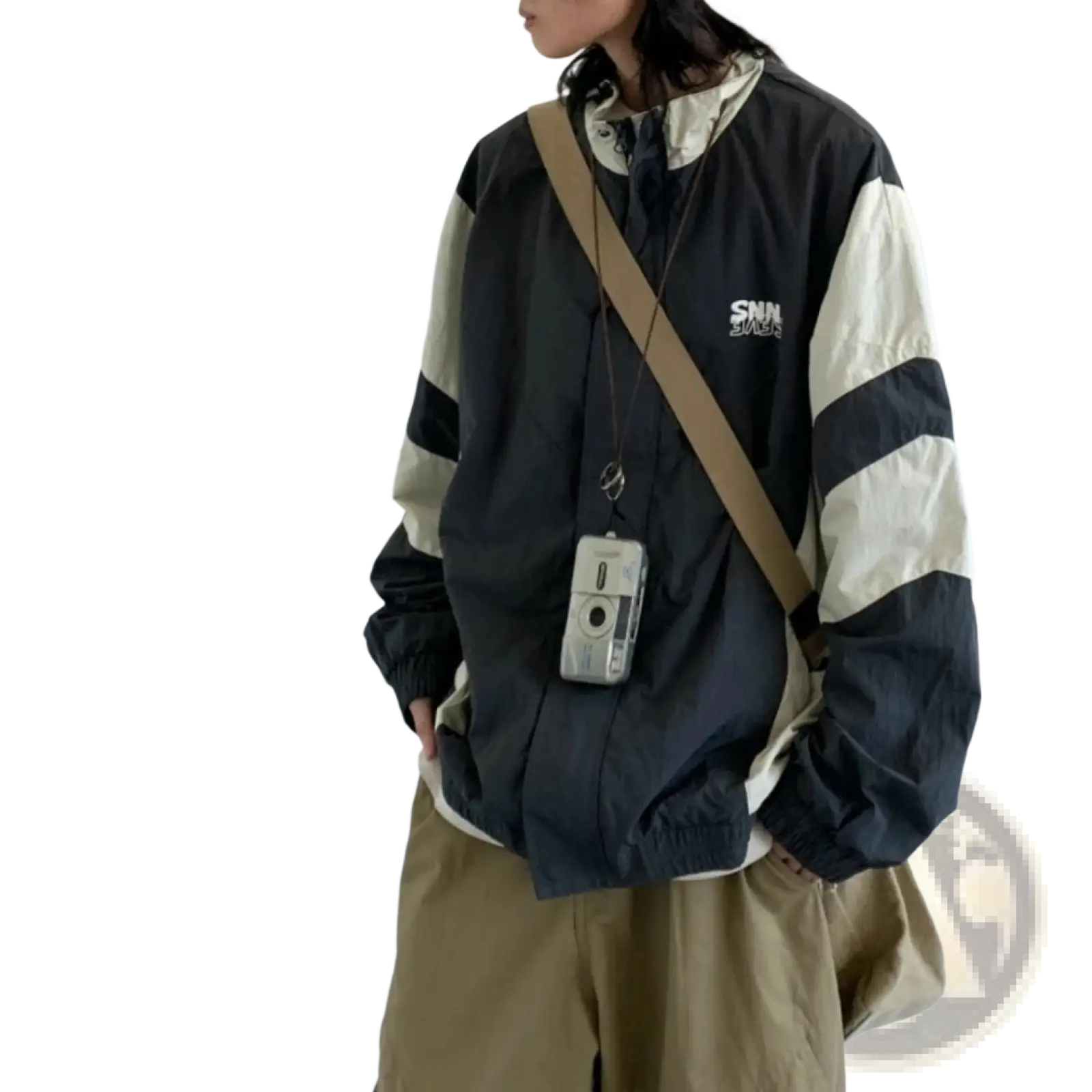 Black and cream color-blocked loose windbreaker jacket with embroidered logo on chest for casual wear