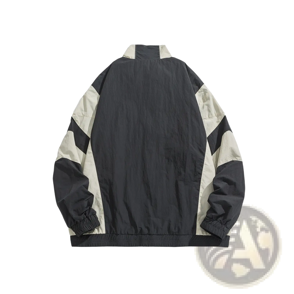 Embroidered color block loose windbreaker jacket in black and beige with high collar, elastic cuffs, and hem