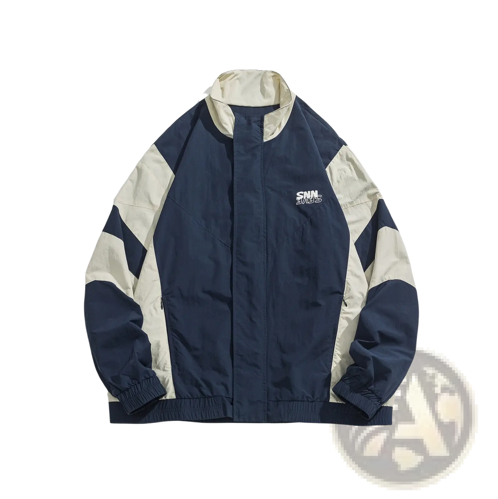 Navy and cream color-blocked loose windbreaker jacket with subtle embroidered logo on the chest for casual wear