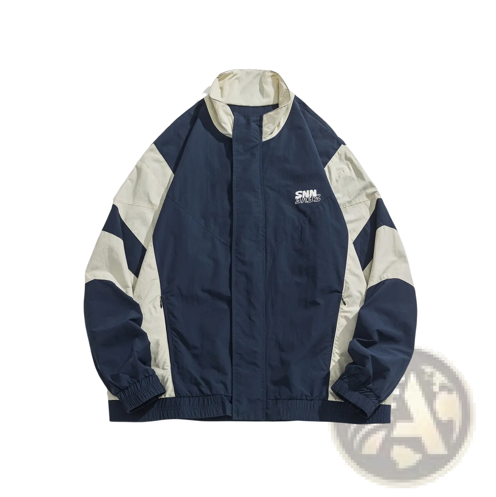 Navy and cream color-blocked loose windbreaker jacket with subtle embroidered logo on the chest for casual wear