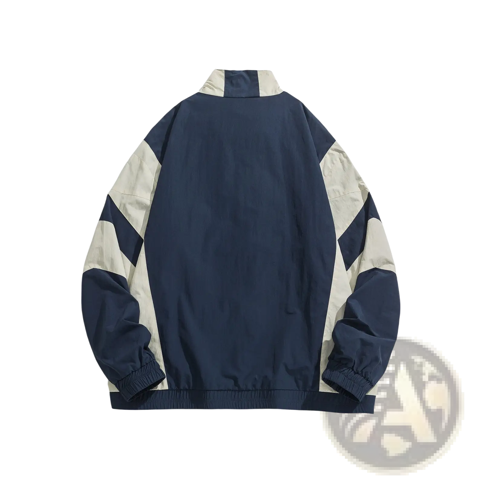 Navy and cream color block loose windbreaker jacket with high collar elastic cuffs and embroidered detailing