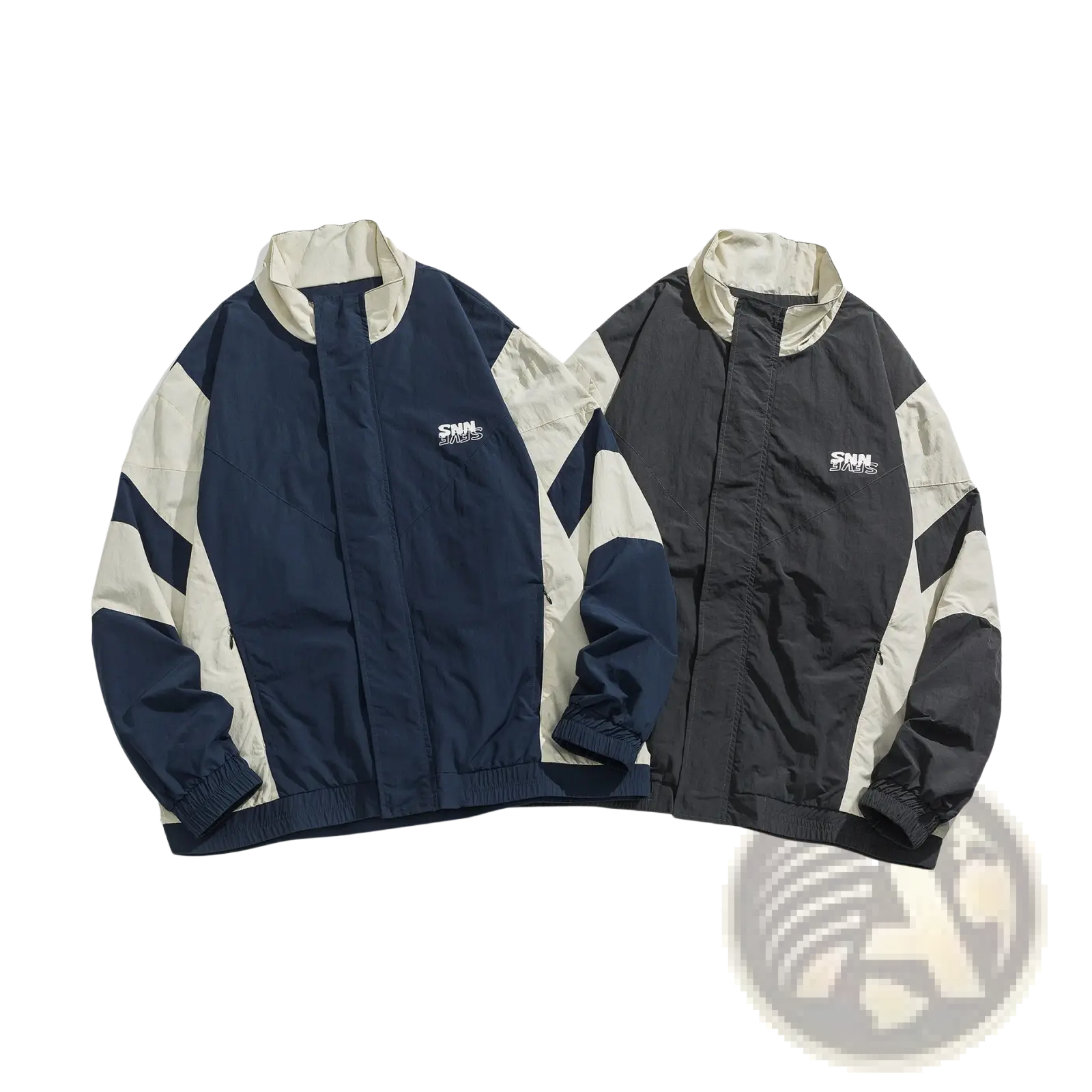 Two embroidered color block loose windbreaker jackets in navy blue cream and black cream with white logo patches on chest