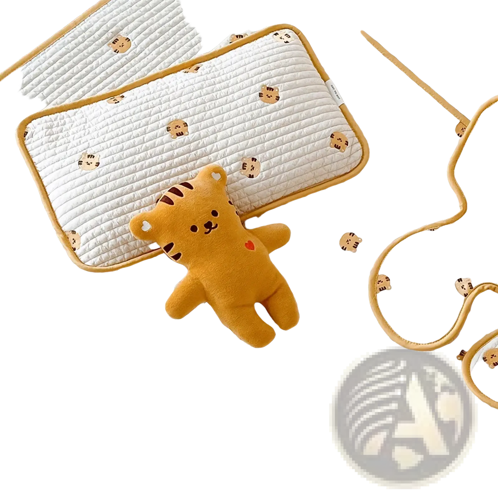 Yellow plush tiger toy with red embroidered heart on chest featured on embroidered cotton baby pillow