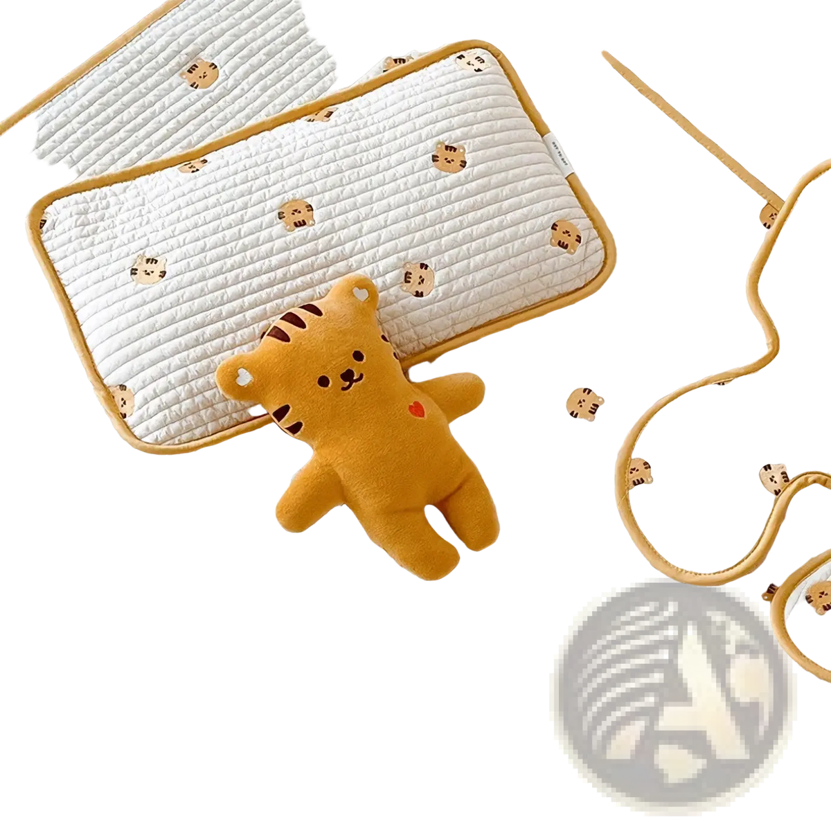 Yellow plush tiger toy with red embroidered heart on chest featured on embroidered cotton baby pillow
