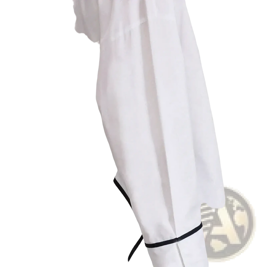 White embroidered cotton blouse with black trim along cuffs and hem for elegant casual wear