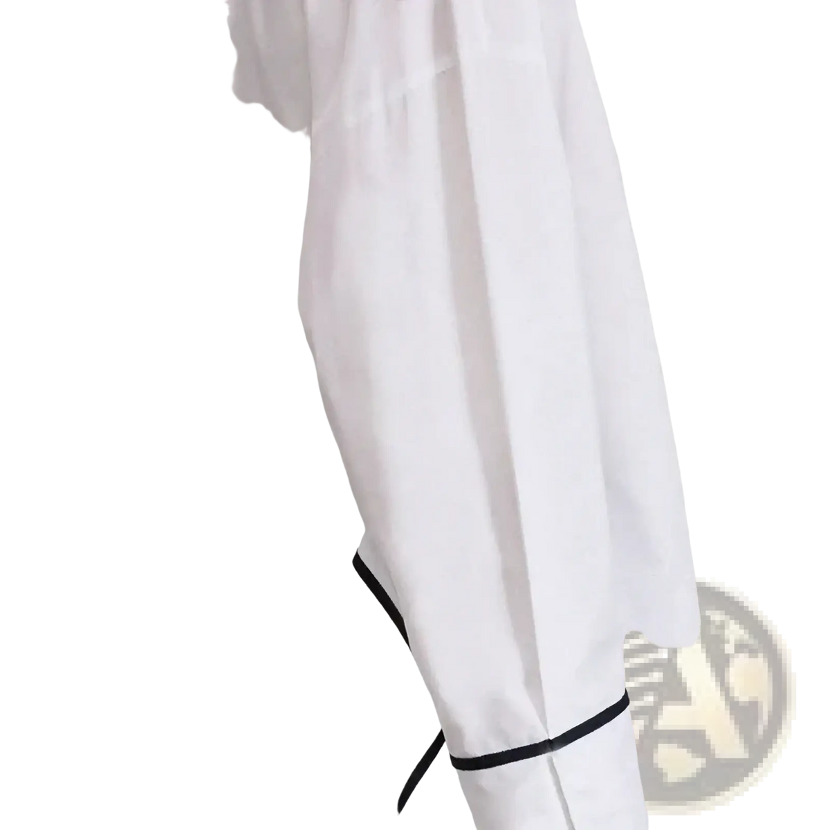 White embroidered cotton blouse with black trim along cuffs and hem for elegant casual wear