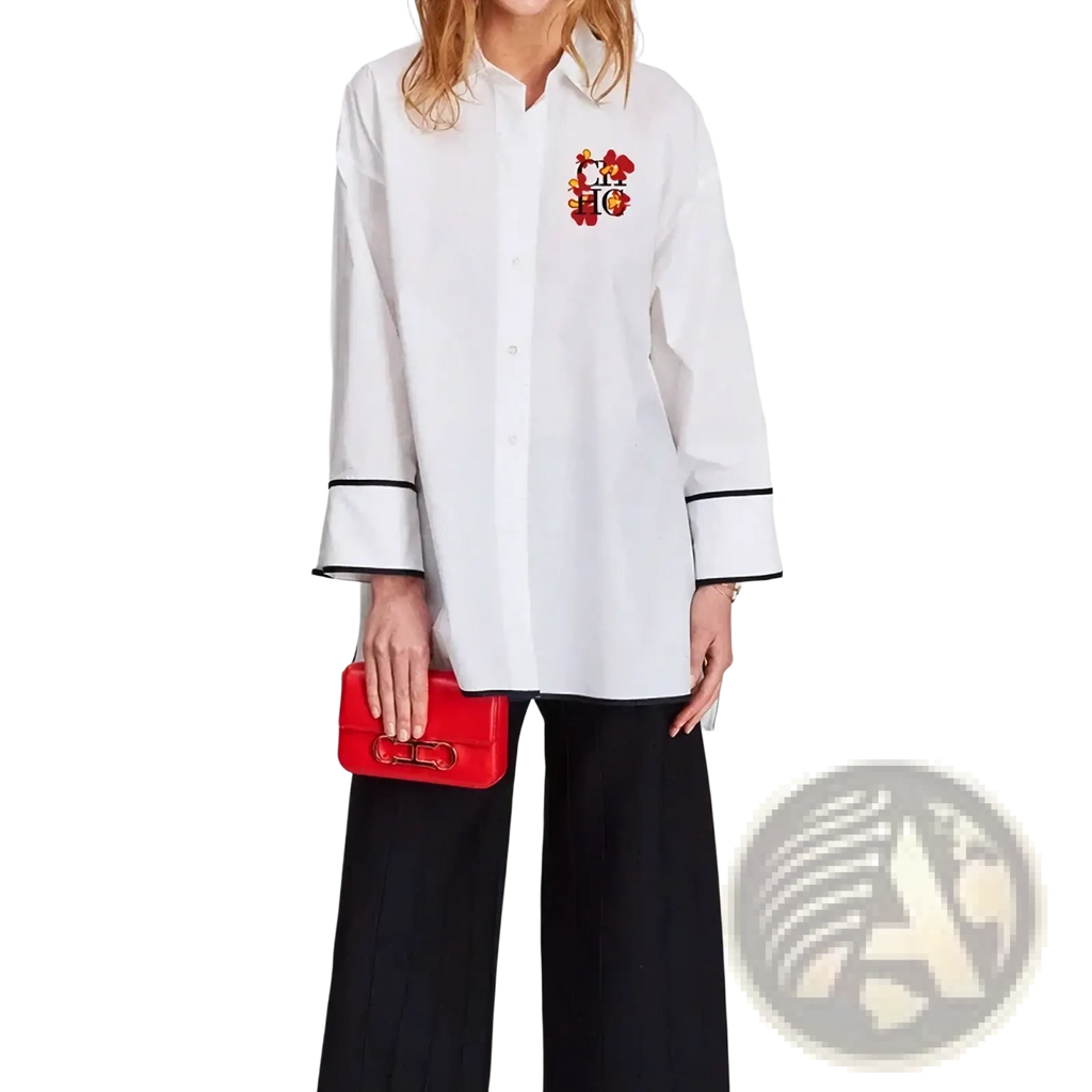 White cotton embroidered blouse with black trim and red logo on the chest for elegant casual wear