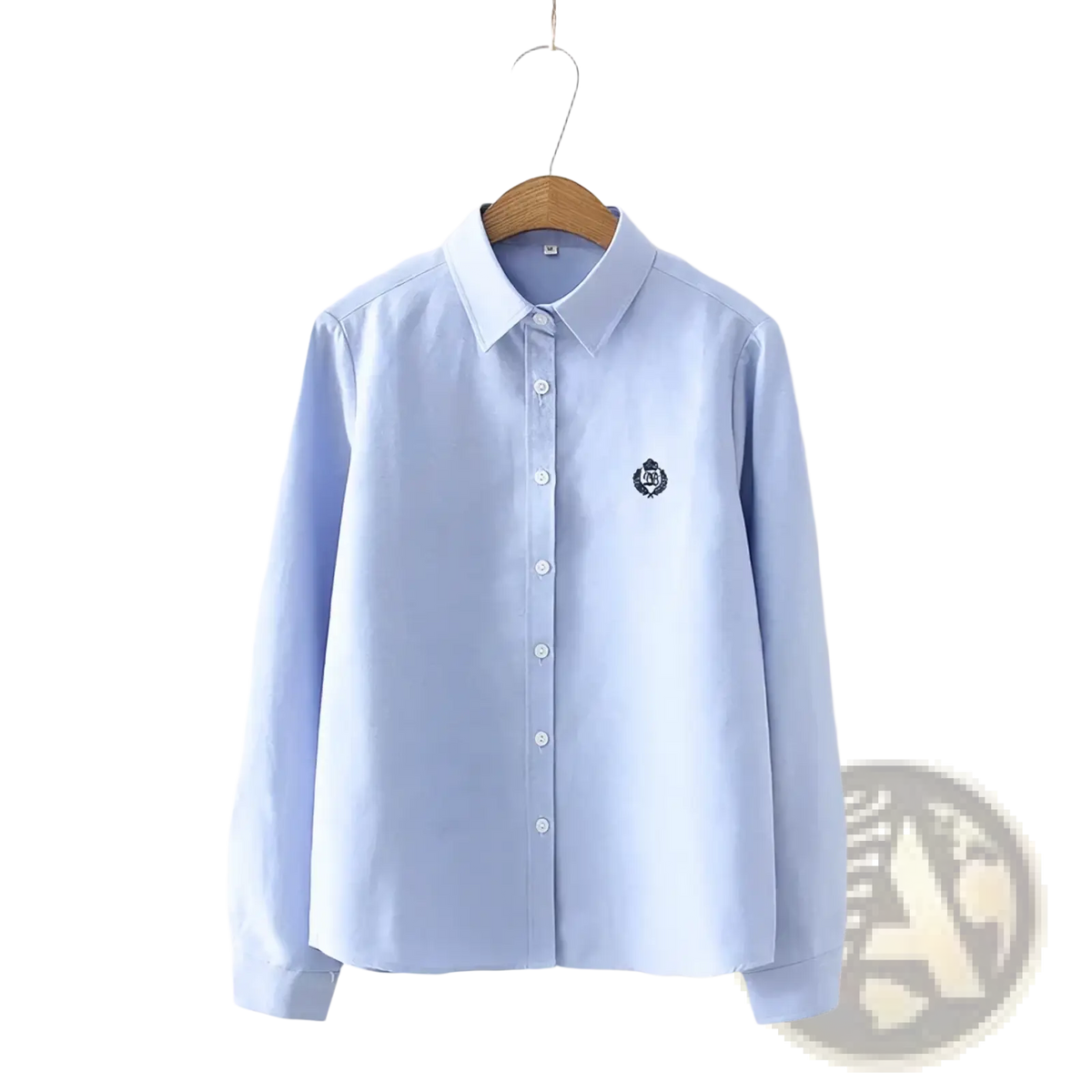 Light blue embroidered cotton casual long sleeve blouse with button-up front and small logo on left chest