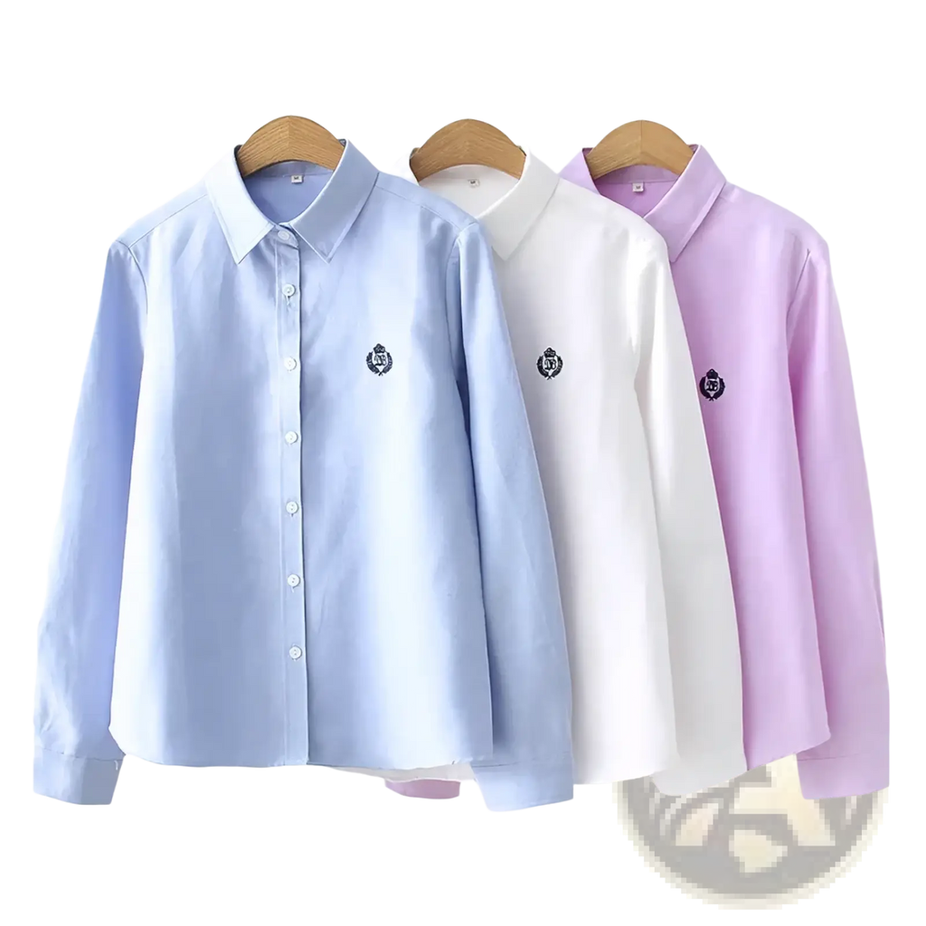 Pastel-colored embroidered cotton casual long sleeve blouse tops in light blue white and lavender with chest logos