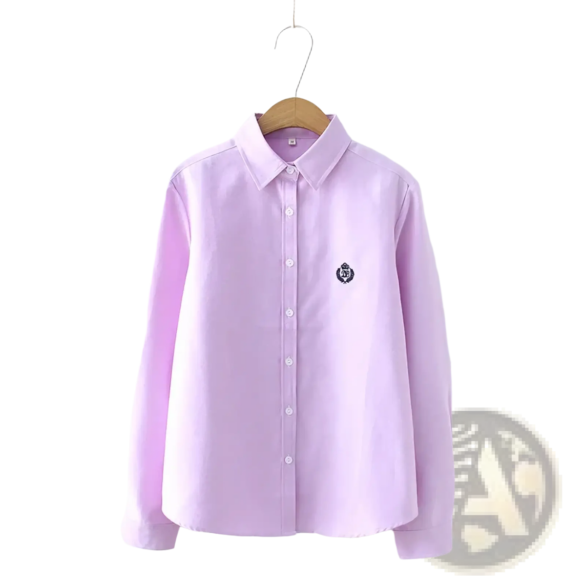A soft lavender cotton embroidered long sleeve blouse with button-up front and subtle logo on left chest