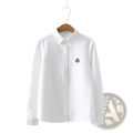 White cotton long sleeve blouse with button-up front and small embroidered crest on the left chest for casual wear