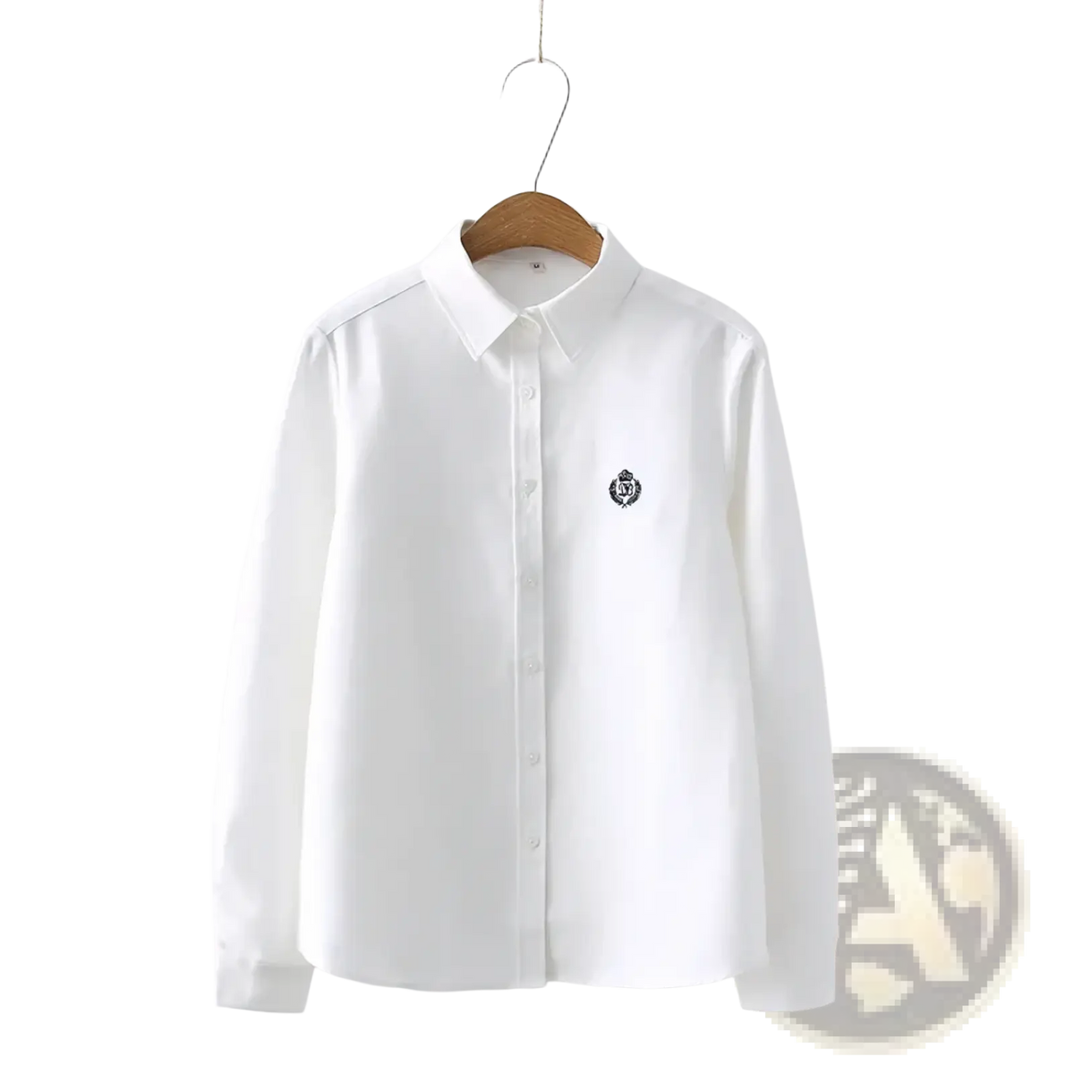 White cotton long sleeve blouse with button-up front and small embroidered crest on the left chest for casual wear