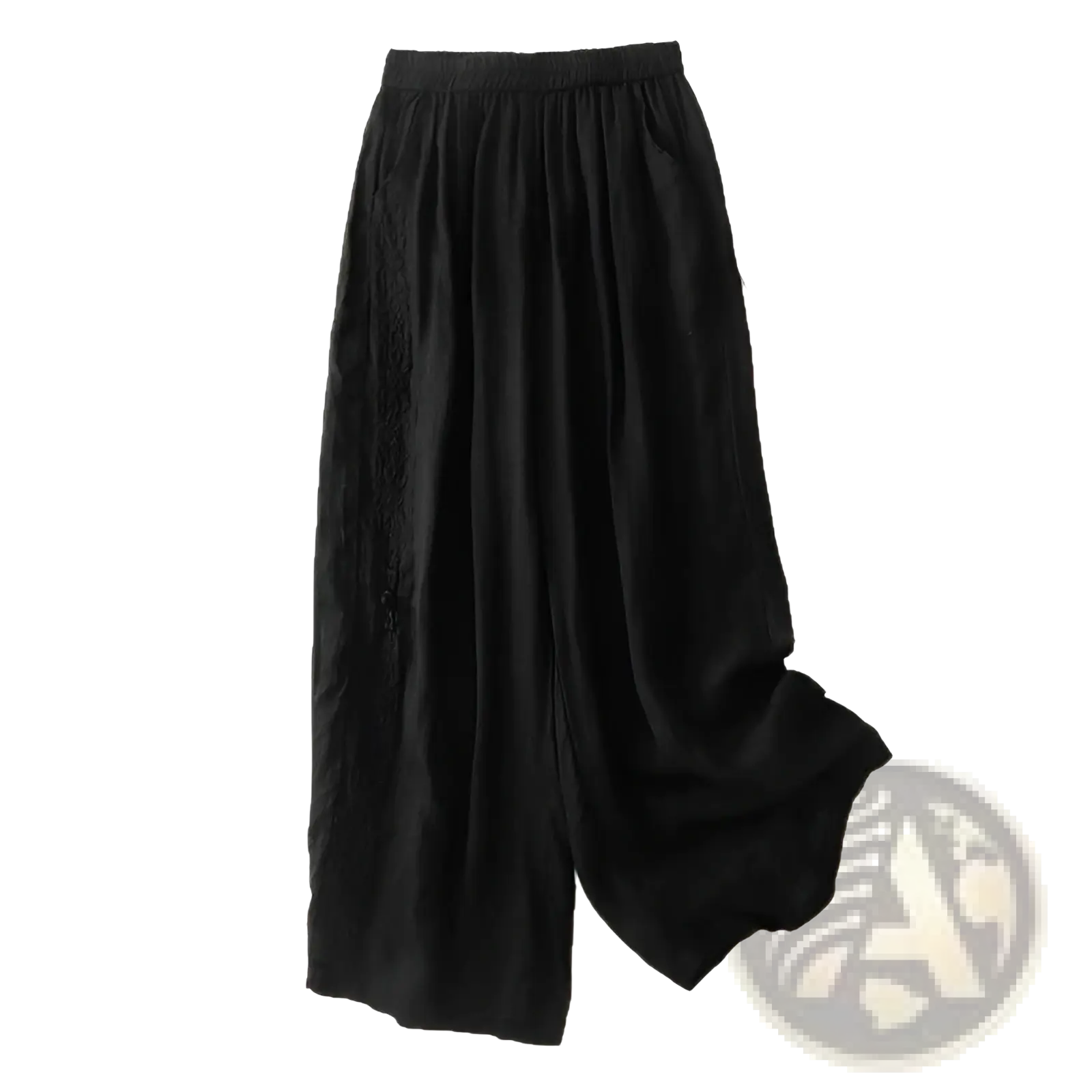 Black embroidered cotton linen wide leg pants with subtle side embroidery and elastic waistband for comfortable wear