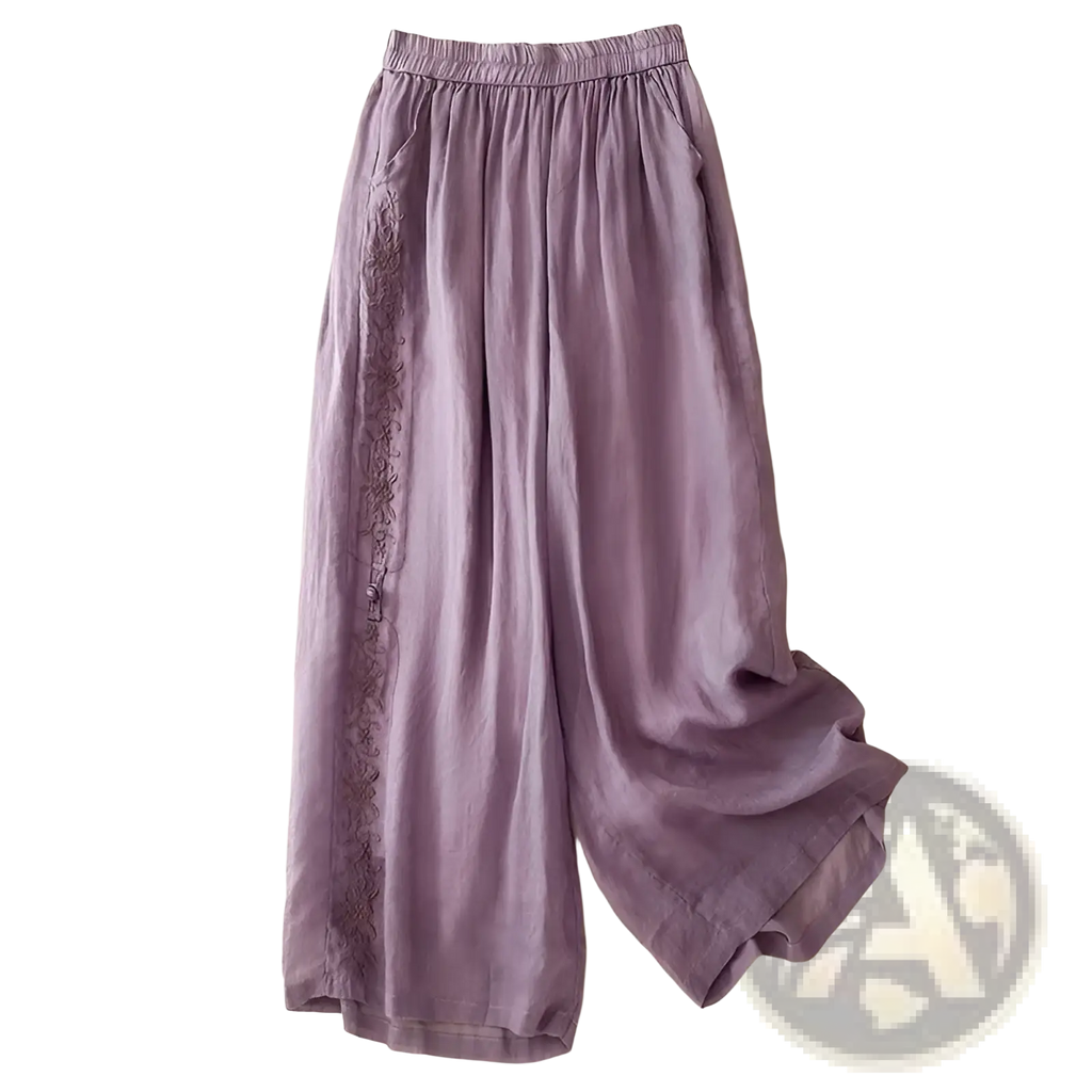Lavender cotton linen wide leg pants with delicate floral embroidery along the side seam