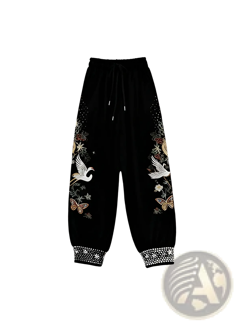 Black embroidered crane straight leg casual pants with white crane butterfly floral designs and rhinestone cuff trim