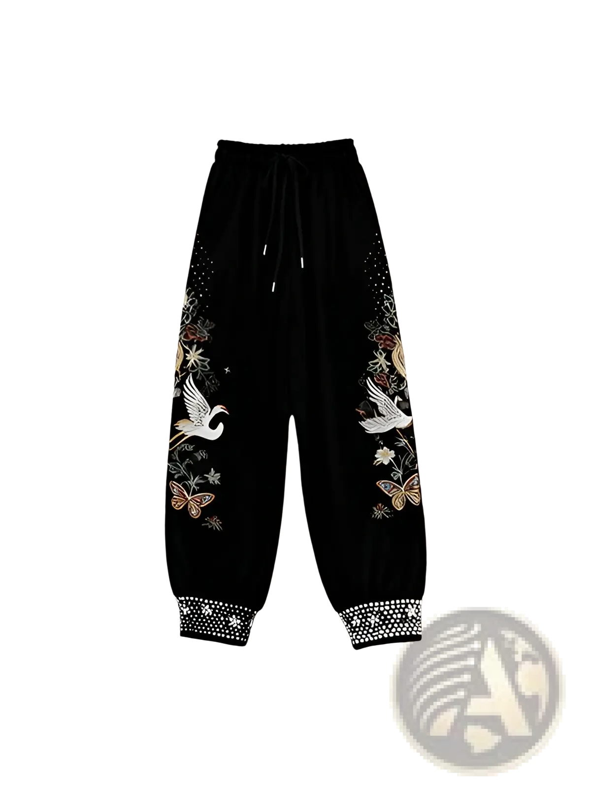 Black embroidered crane straight leg casual pants with white crane butterfly floral designs and rhinestone cuff trim