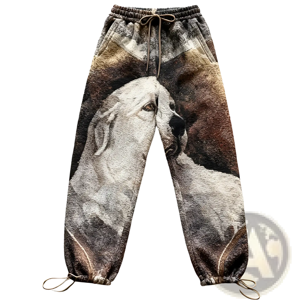 Brown and gray textured embroidered crane straight leg casual pants with a large detailed white dog graphic on front