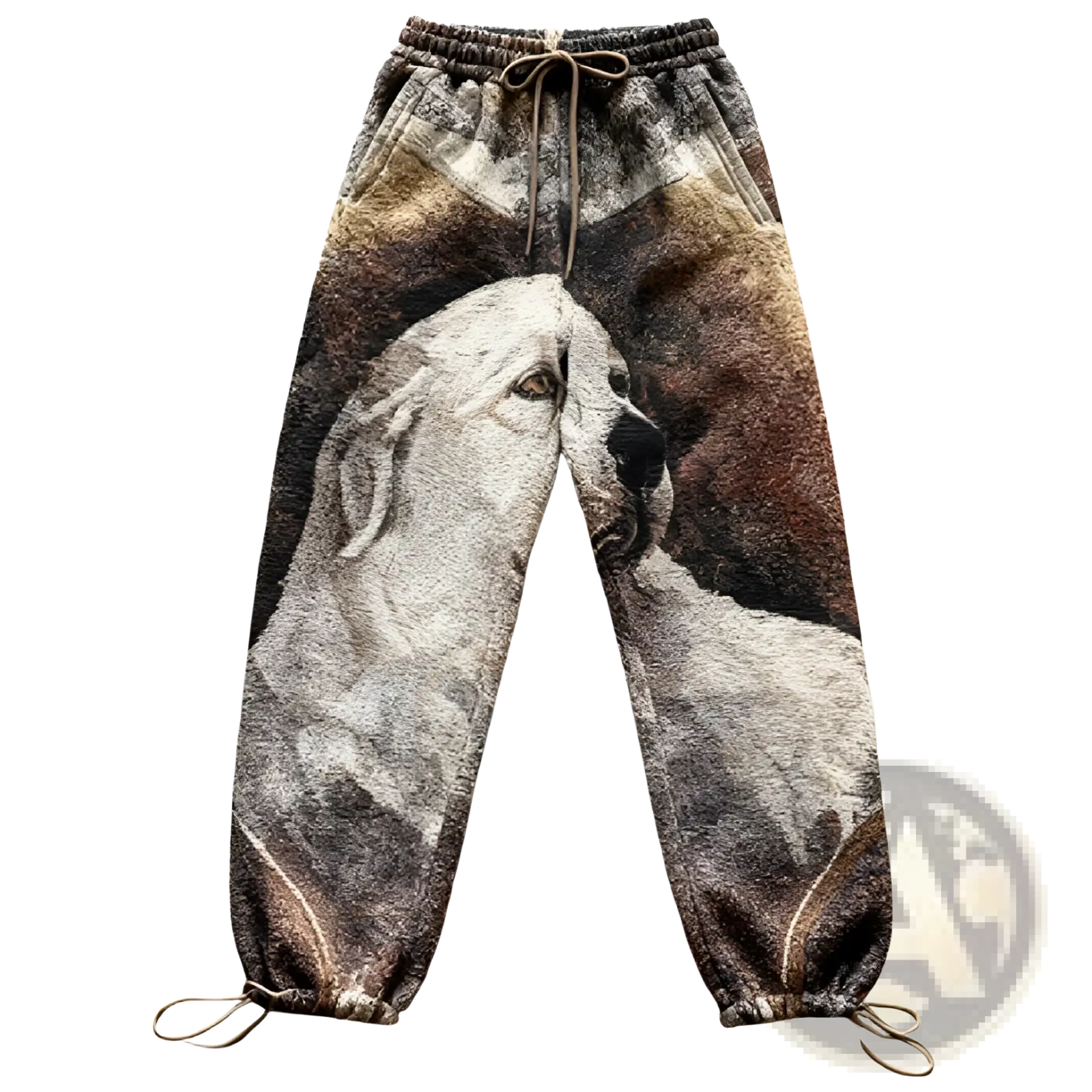 Brown and gray textured embroidered crane straight leg casual pants with a large detailed white dog graphic on front