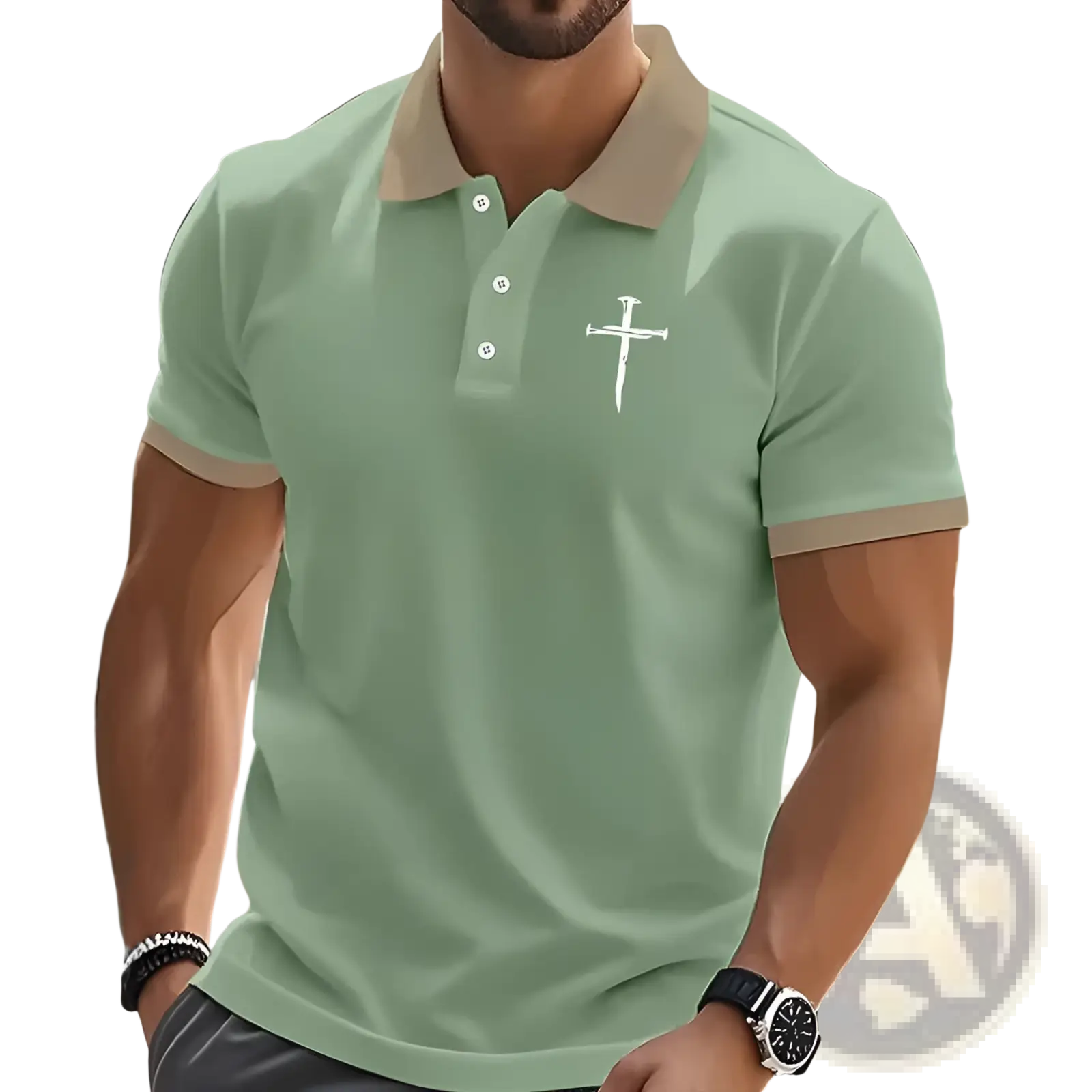 Light green embroidered cross contrast trim polo shirt with beige collar and sleeve trim featuring white emblem on chest