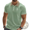 Light green embroidered cross contrast trim polo shirt with beige collar and sleeve trim featuring white emblem on chest