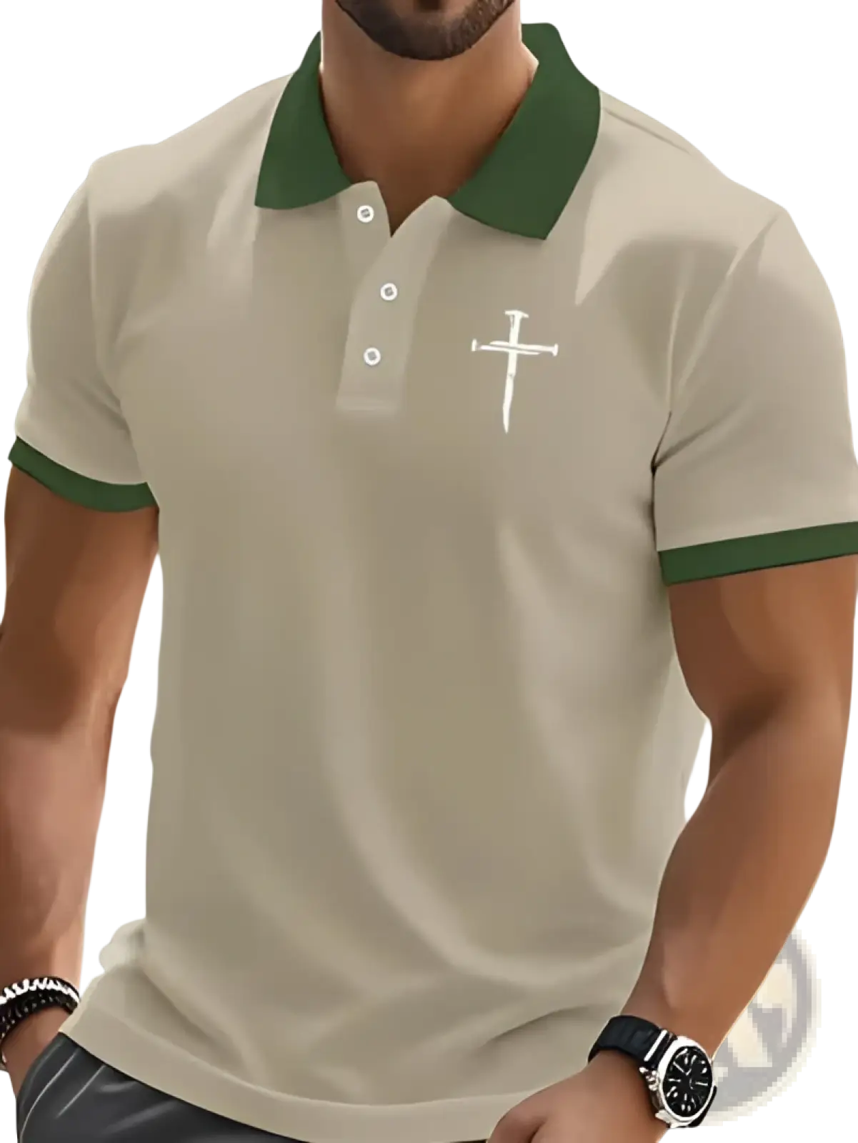 A men’s off-white embroidered cross polo shirt with green collar and sleeve trim for casual wear