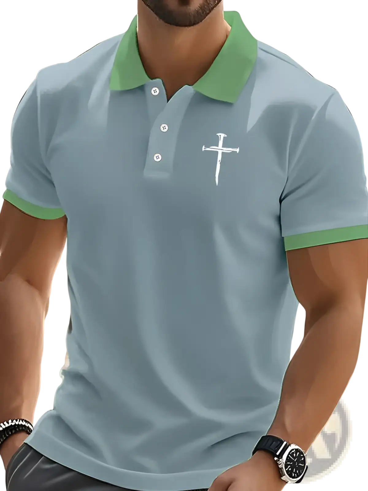 Light blue embroidered cross contrast trim polo shirt with green collar and sleeve trim featuring a white cross emblem
