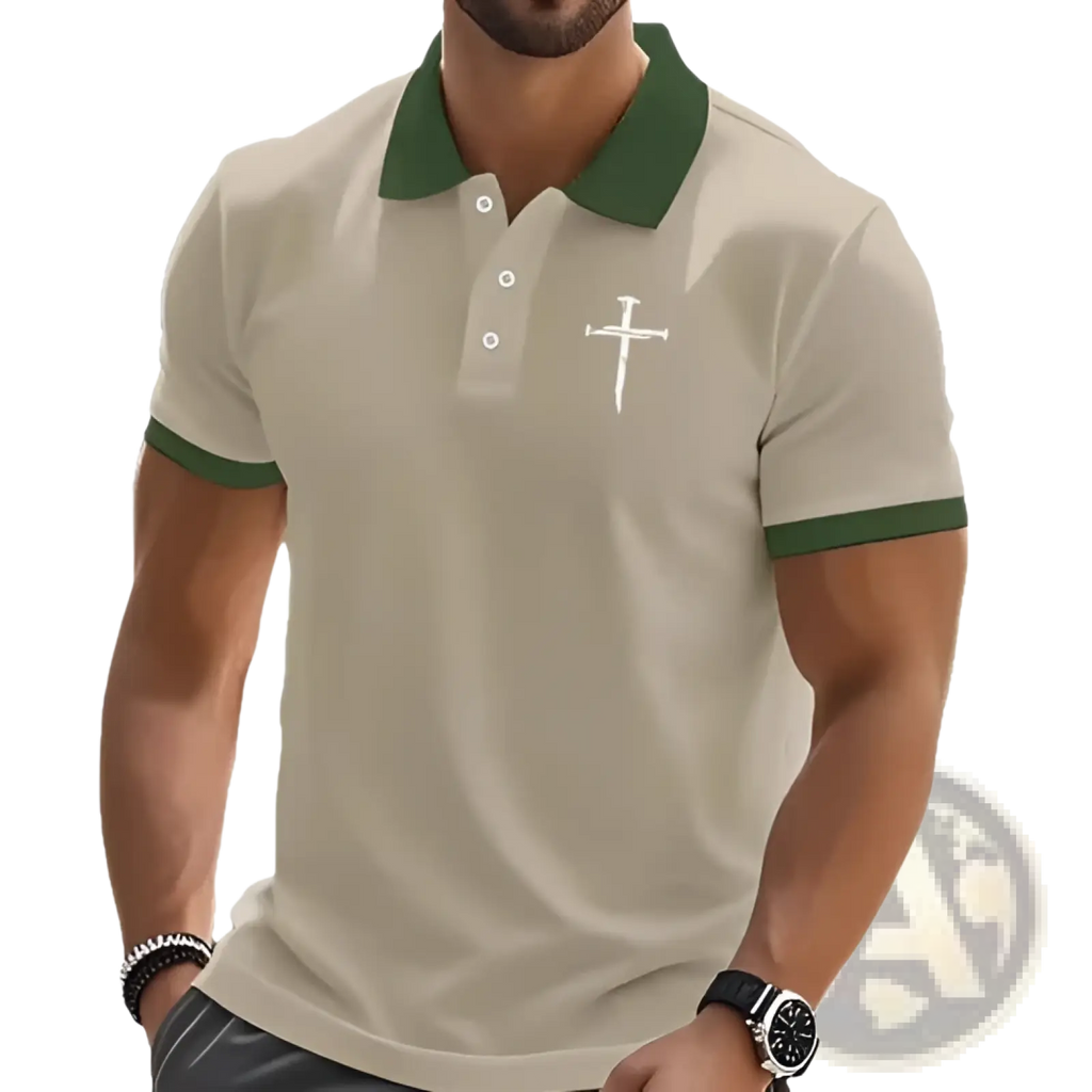 Beige embroidered cross contrast trim polo shirt with green collar and sleeve trim featuring white chest cross